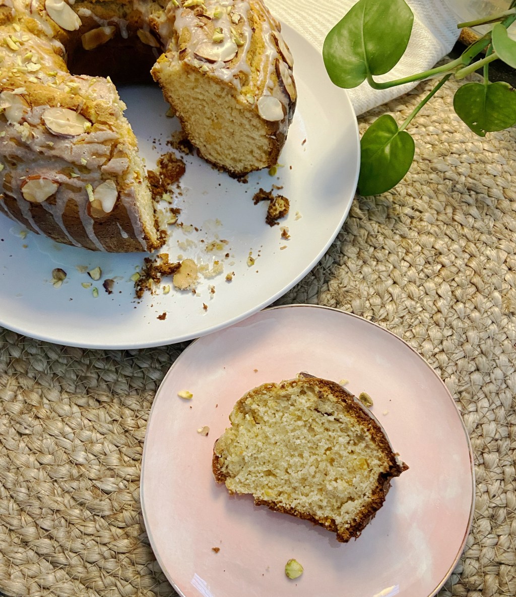 Parsi Mawa Cake with Cardamom and Saffron Glaze on&nbsp;top.